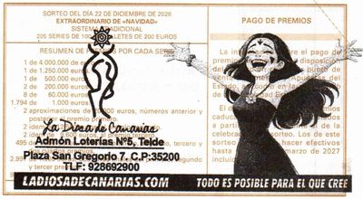 Reverso del d&eacute;cimo 26281 con el sello de la Administraci&oacute;n n&ordm; 5 &laquo;La Diosa de Canarias&raquo;, en Telde